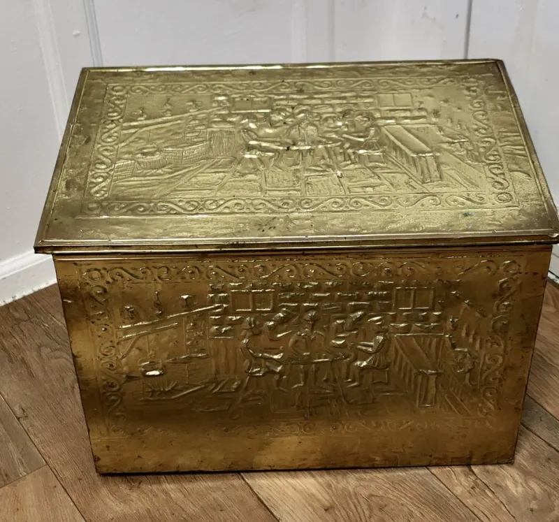 Clearance Pamono Large Embossed Brass Log Box with Tavern Scenes, 1890s