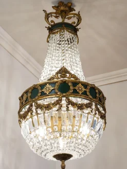 Pamono Large Empire Style Crystal and Bronze 6-Light Chandelier, 1930s> Ceiling Lights