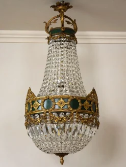 Pamono Large Empire Style Crystal and Bronze 6-Light Chandelier, 1930s> Ceiling Lights