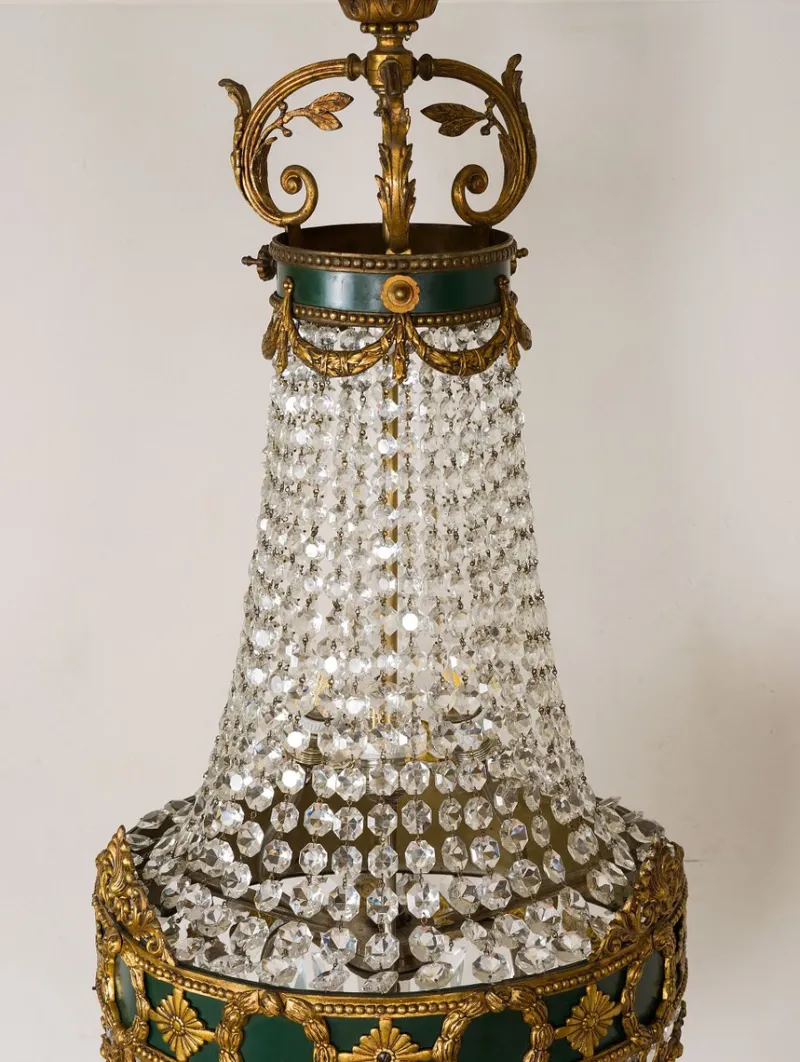 Pamono Large Empire Style Crystal and Bronze 6-Light Chandelier, 1930s> Ceiling Lights