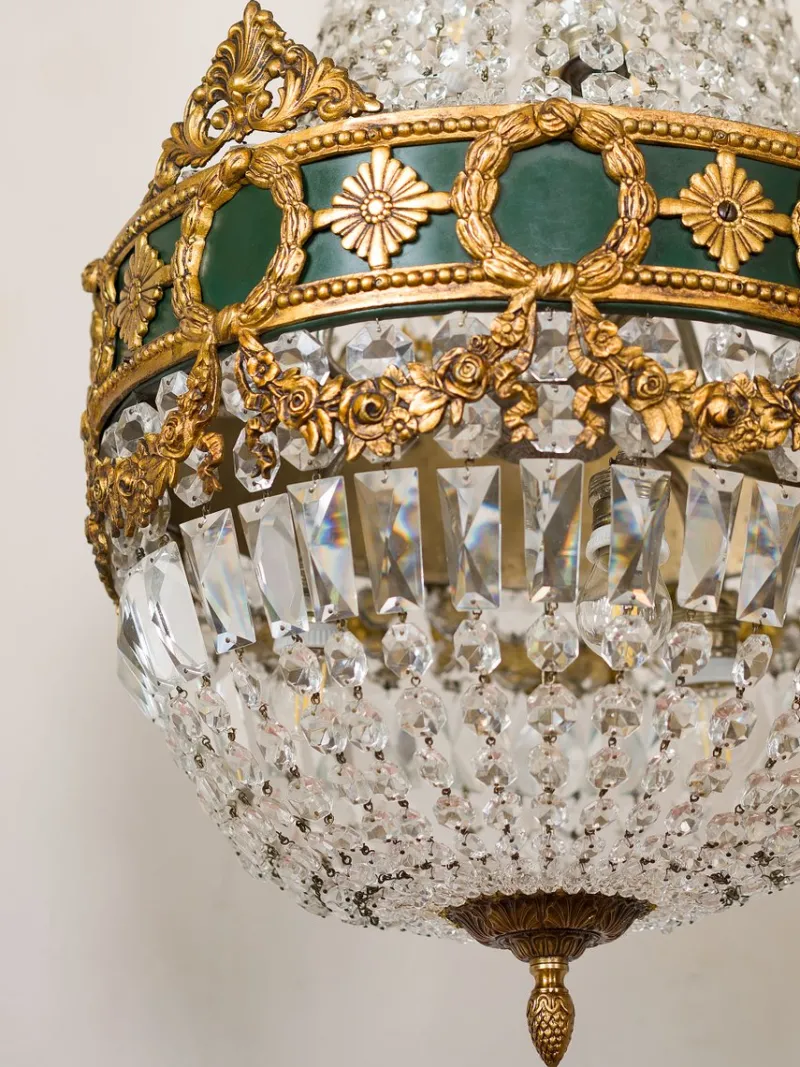 Pamono Large Empire Style Crystal and Bronze 6-Light Chandelier, 1930s> Ceiling Lights