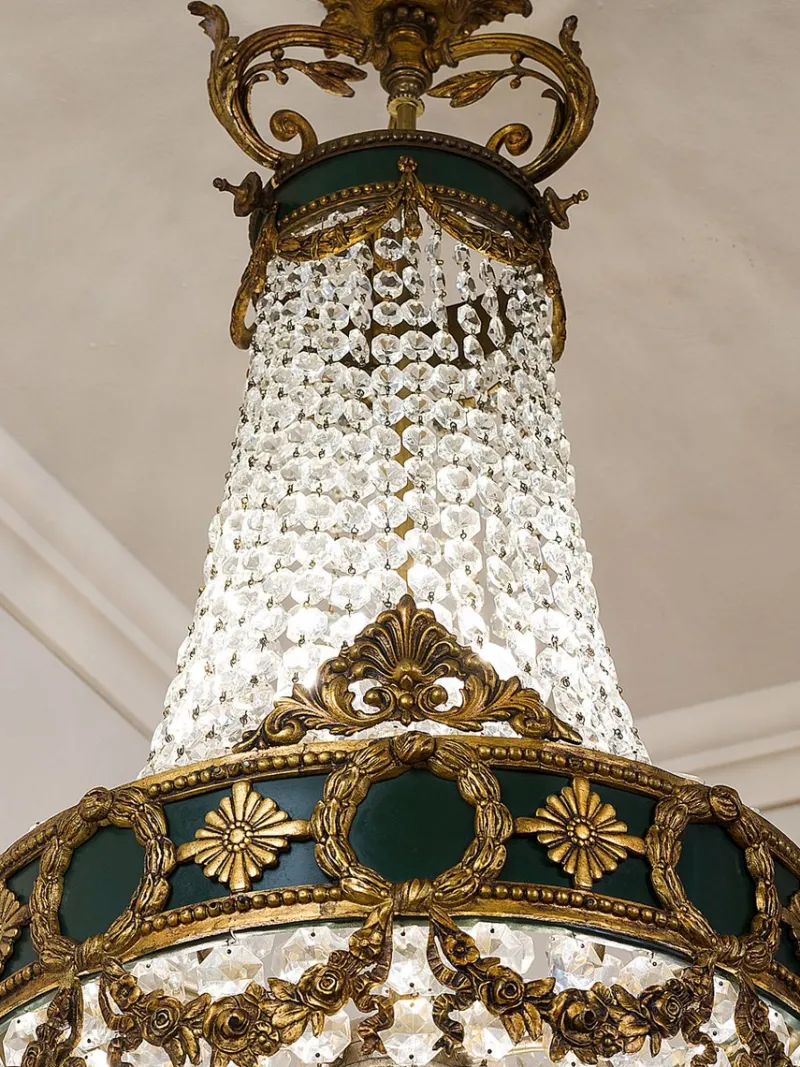 Pamono Large Empire Style Crystal and Bronze 6-Light Chandelier, 1930s> Ceiling Lights