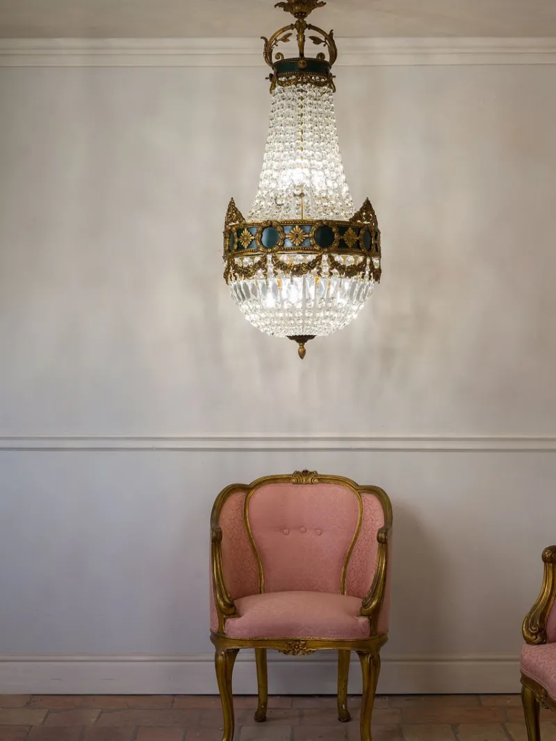 Pamono Large Empire Style Crystal and Bronze 6-Light Chandelier, 1930s> Ceiling Lights