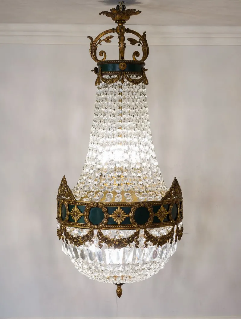 Pamono Large Empire Style Crystal and Bronze 6-Light Chandelier, 1930s> Ceiling Lights