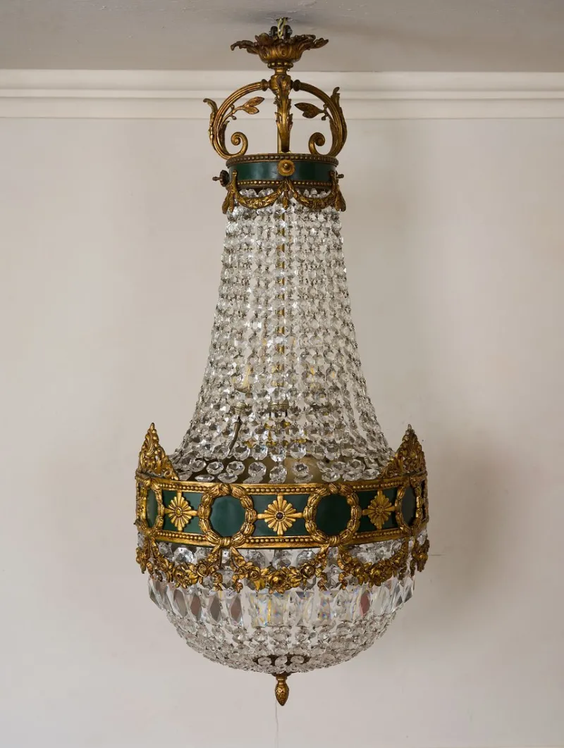 Pamono Large Empire Style Crystal and Bronze 6-Light Chandelier, 1930s> Ceiling Lights