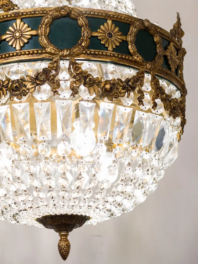 Pamono Large Empire Style Crystal and Bronze 6-Light Chandelier, 1930s> Ceiling Lights