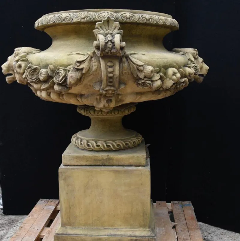 Pamono Large English Stone Garden Urn on Pedestal Plinth> Garden Accessories