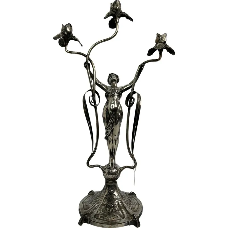 New Pamono Large Figural Candlestick with Nymph Femme Fatale from Wmf, 1890s
