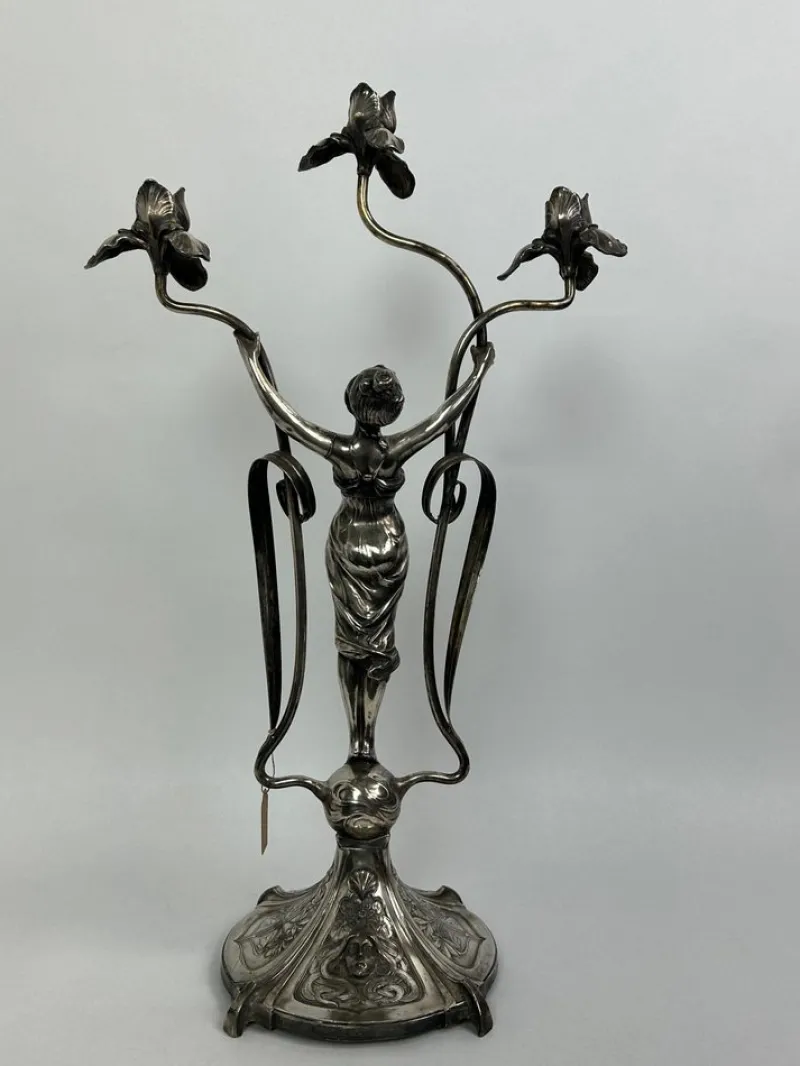 New Pamono Large Figural Candlestick with Nymph Femme Fatale from Wmf, 1890s