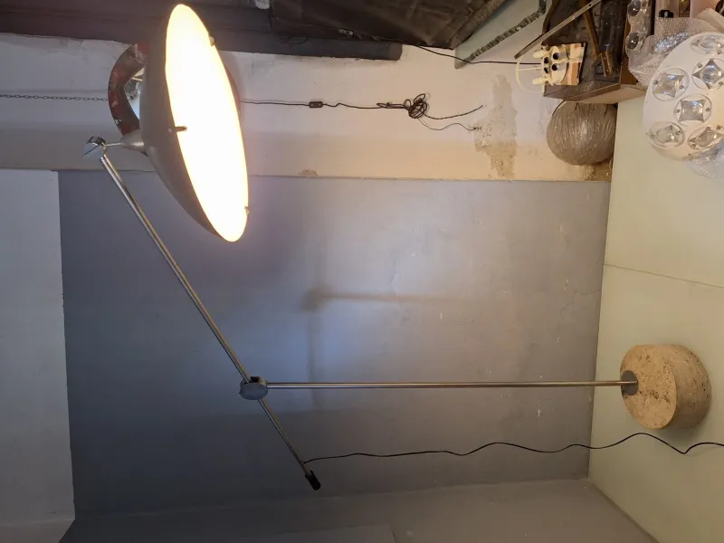Clearance Pamono Large Floor Lamp in Chromed Metal with Black Acrylic Glass Lampshade and Travertine Base, 1960s