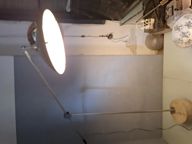 Clearance Pamono Large Floor Lamp in Chromed Metal with Black Acrylic Glass Lampshade and Travertine Base, 1960s