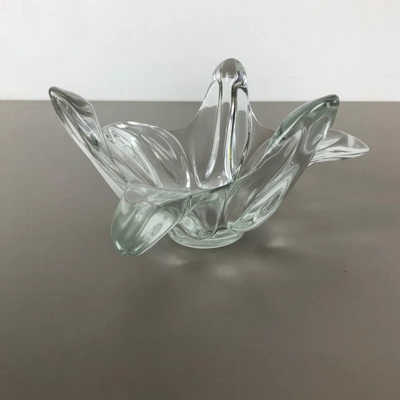 Pamono Large French Floral Crystal Glass Shell Bowl by Art Vannes, France, 1970s> Bowls