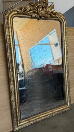 Pamono Large French Vertical Gilt Mirror with Floral Crest, 1890s> Mirrors