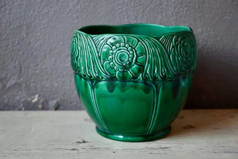 Pamono Large Green Slip Planter from Orchies, 1930s> Planters And Jardiniere