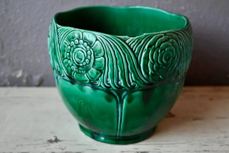 Pamono Large Green Slip Planter from Orchies, 1930s> Planters And Jardiniere