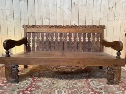 Pamono Large Indonesian Garden Bench in Carved Walnut