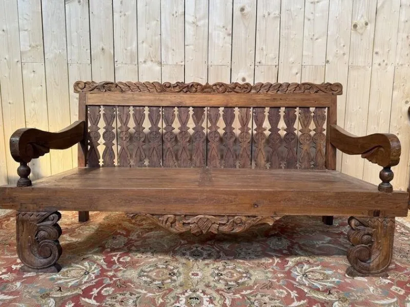 Pamono Large Indonesian Garden Bench in Carved Walnut