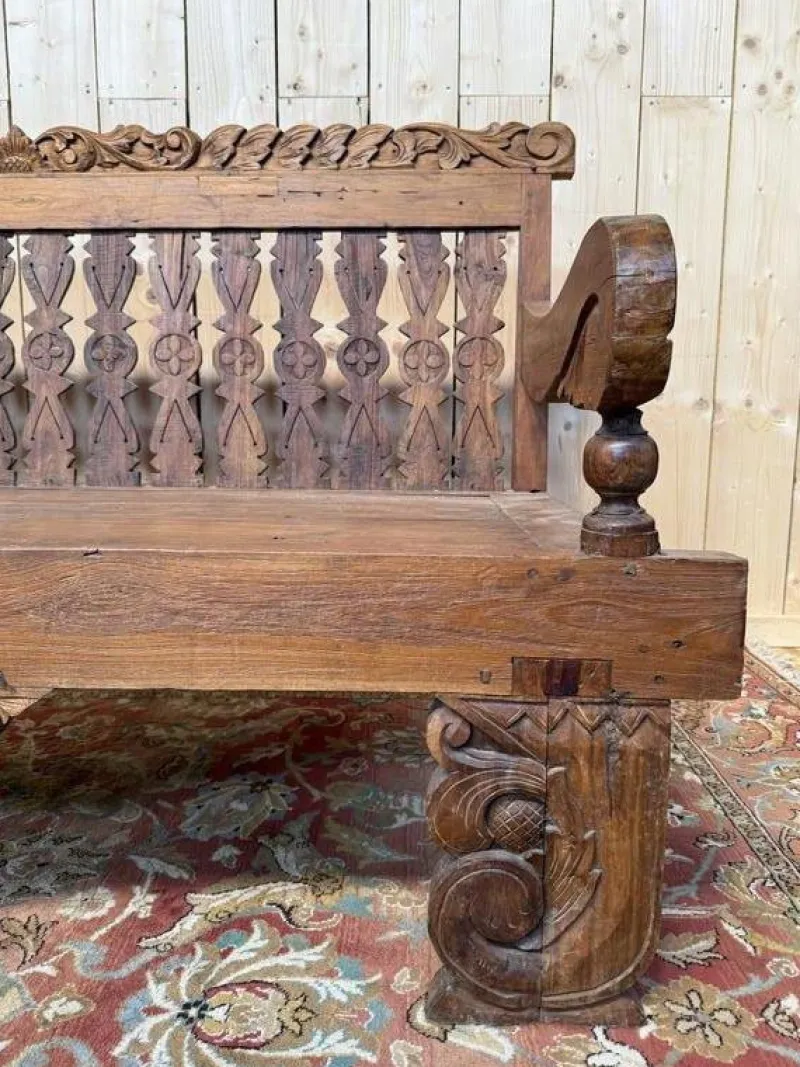 Pamono Large Indonesian Garden Bench in Carved Walnut