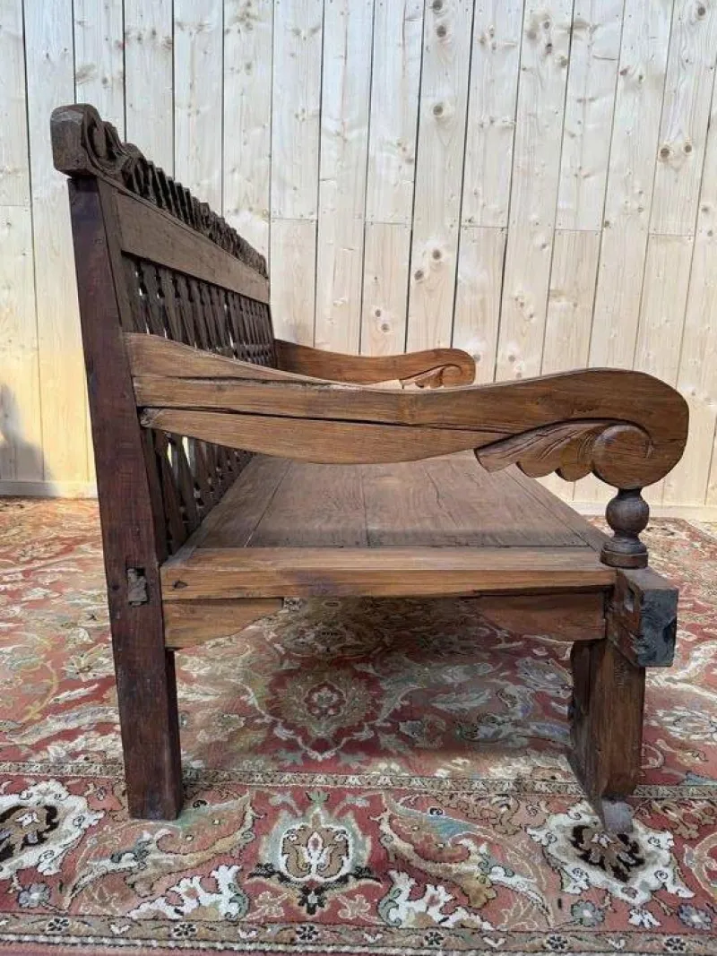 Pamono Large Indonesian Garden Bench in Carved Walnut