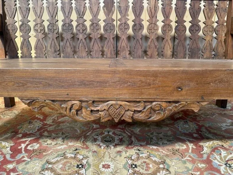 Pamono Large Indonesian Garden Bench in Carved Walnut