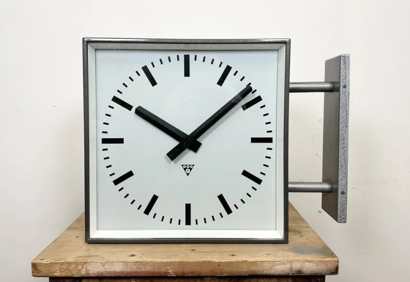 Best Pamono Large Industrial Square Double Sided Factory Wall Clock from Pragotron, 1970s
