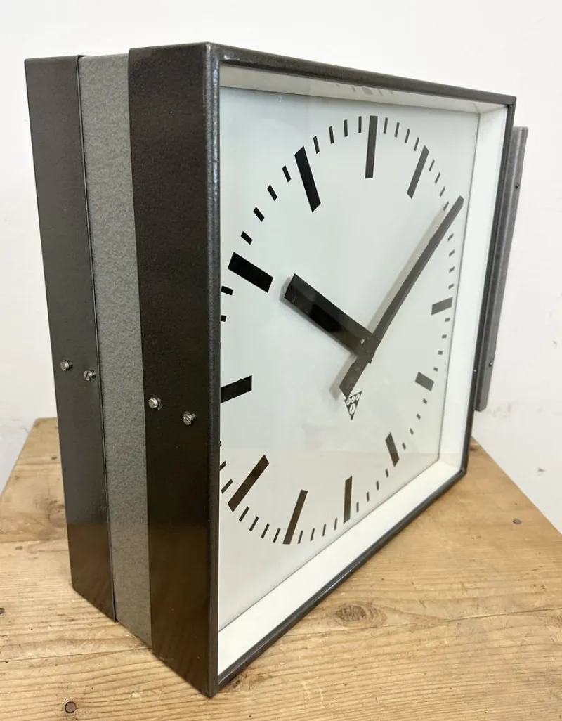 Best Pamono Large Industrial Square Double Sided Factory Wall Clock from Pragotron, 1970s