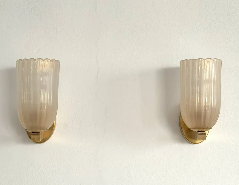 Discount Pamono Large Italian Art Deco Style Murano Glass and Brass Wall Lights from Barovier & Toso, 1990s, Set of 2