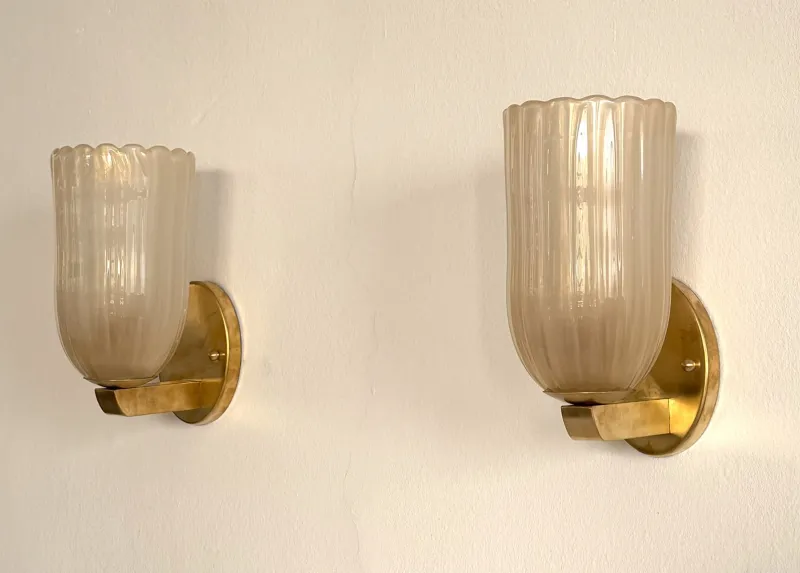 Discount Pamono Large Italian Art Deco Style Murano Glass and Brass Wall Lights from Barovier & Toso, 1990s, Set of 2