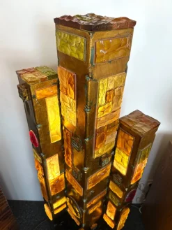 Pamono Large Italian Hammered Glass and Gilt Wrought Iron Floor Lamp from Longobard, 1970s><noscript><img width=