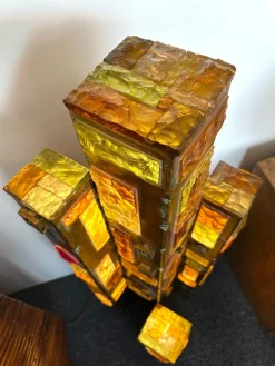 Pamono Large Italian Hammered Glass and Gilt Wrought Iron Floor Lamp from Longobard, 1970s><noscript><img width=