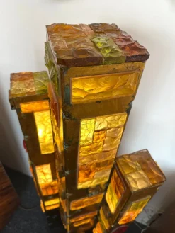 Pamono Large Italian Hammered Glass and Gilt Wrought Iron Floor Lamp from Longobard, 1970s><noscript><img width=