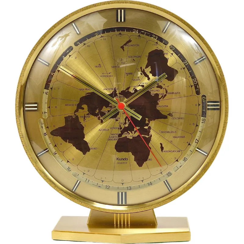Pamono Large Kundo GMT World Time Zone Brass Table Clock by Kieninger & Obergfell, 1960s> Clocks