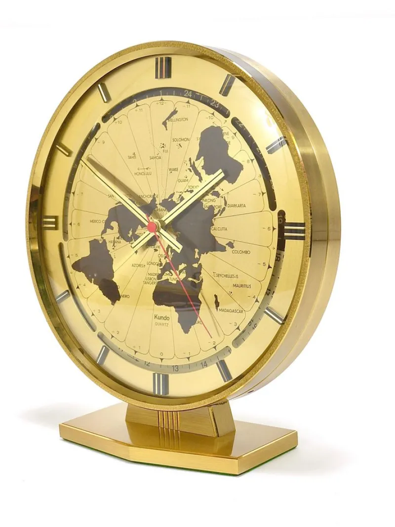 Pamono Large Kundo GMT World Time Zone Brass Table Clock by Kieninger & Obergfell, 1960s> Clocks