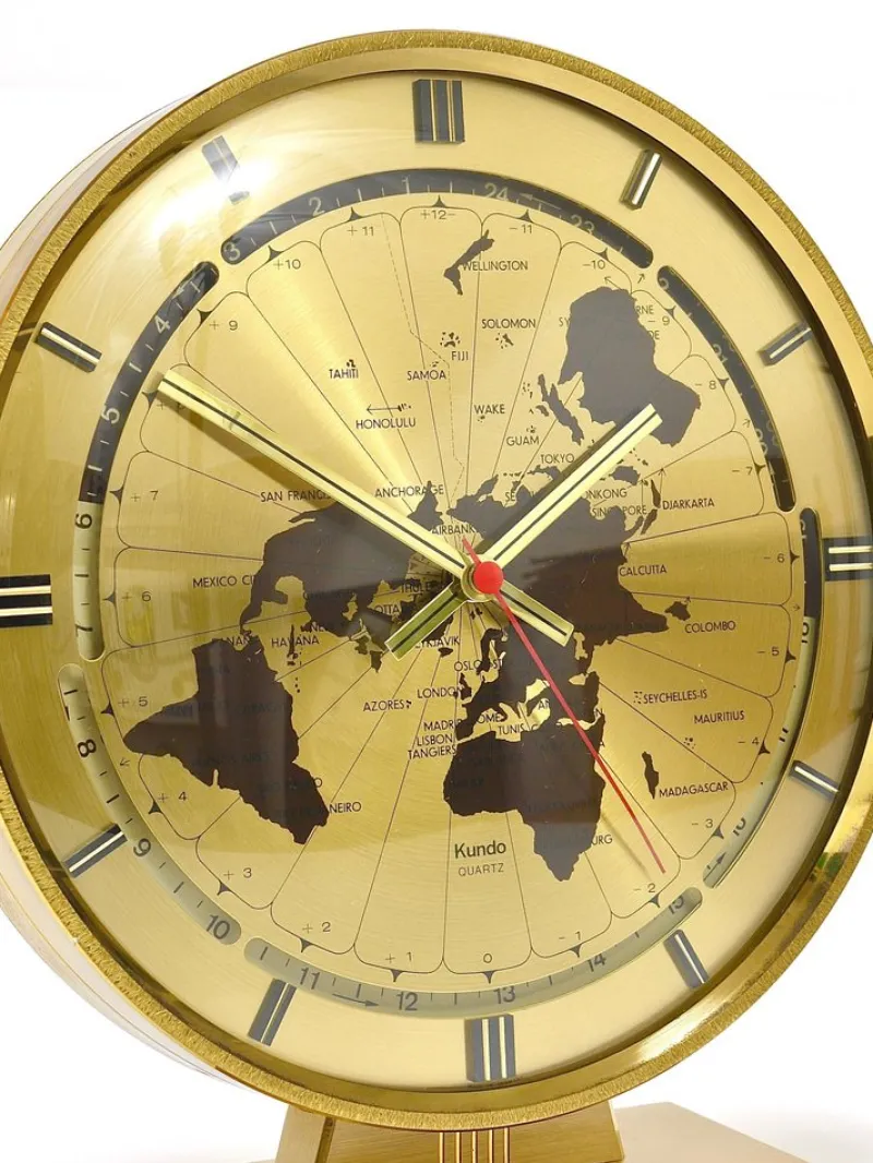 Pamono Large Kundo GMT World Time Zone Brass Table Clock by Kieninger & Obergfell, 1960s> Clocks