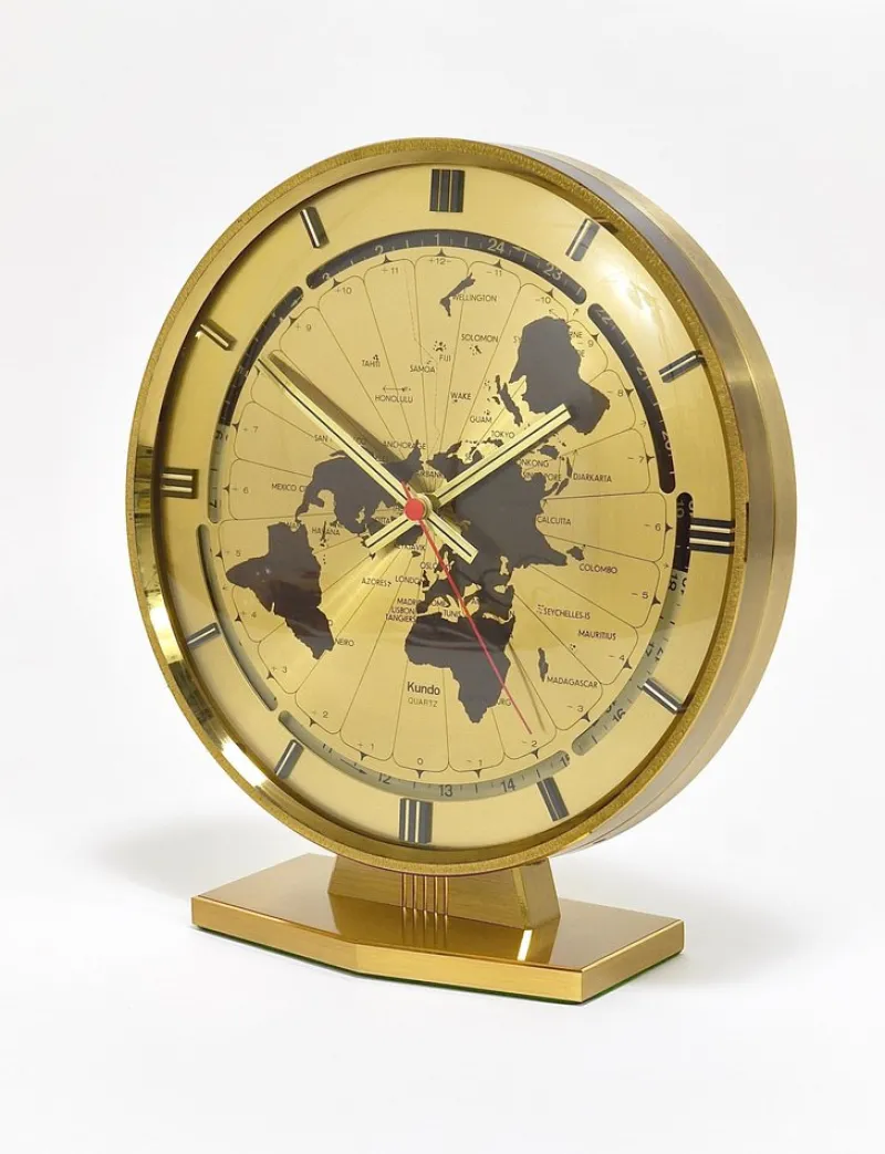 Pamono Large Kundo GMT World Time Zone Brass Table Clock by Kieninger & Obergfell, 1960s> Clocks