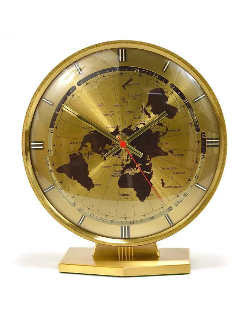 Pamono Large Kundo GMT World Time Zone Brass Table Clock by Kieninger & Obergfell, 1960s> Clocks