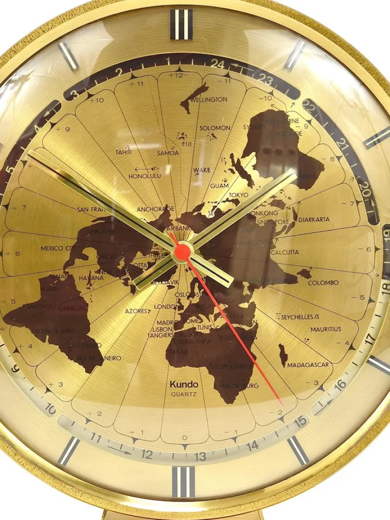 Pamono Large Kundo GMT World Time Zone Brass Table Clock by Kieninger & Obergfell, 1960s> Clocks