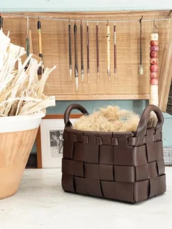 Pamono Large Leather Hand-Woven Decorative Basket by Oscar Maschera