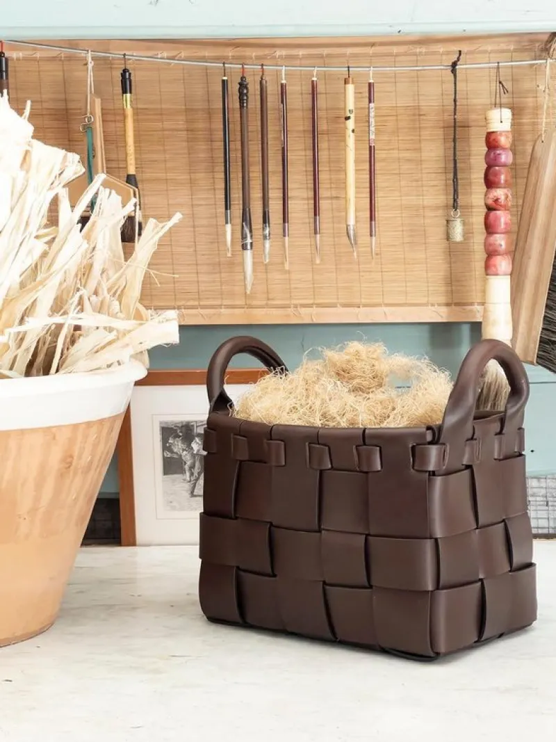 Pamono Large Leather Hand-Woven Decorative Basket by Oscar Maschera
