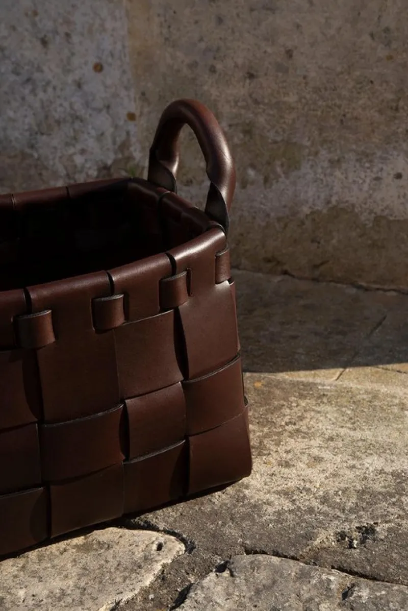 Pamono Large Leather Hand-Woven Decorative Basket by Oscar Maschera