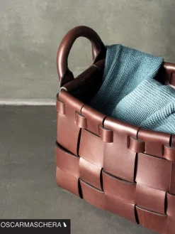 Pamono Large Leather Hand-Woven Decorative Basket by Oscar Maschera