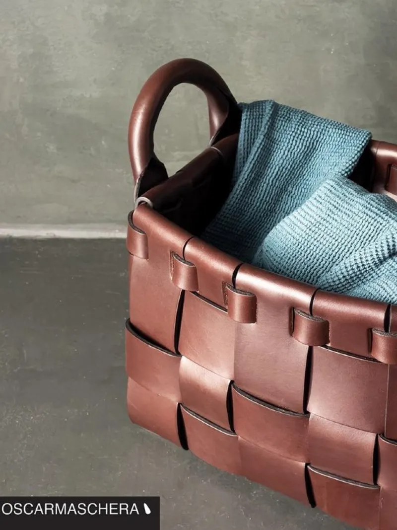 Pamono Large Leather Hand-Woven Decorative Basket by Oscar Maschera