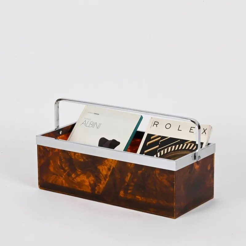 Online Pamono Large Magazine or Bottle Rack in Tortoiseshell Acrylic Glass and Chrome from Dior, Italy, 1970s