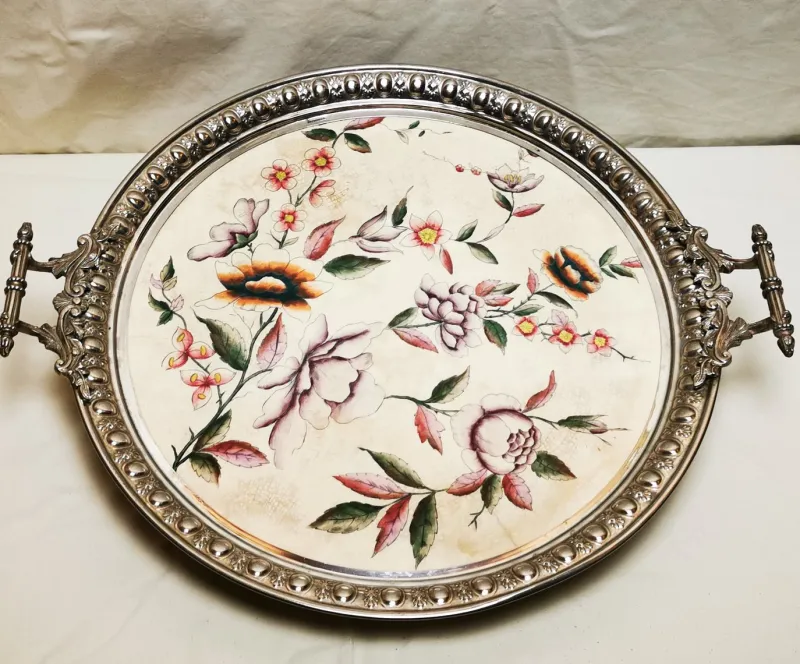 Pamono Large Metal and Porcelain Tray from Rörstrand, 1900s> Trays