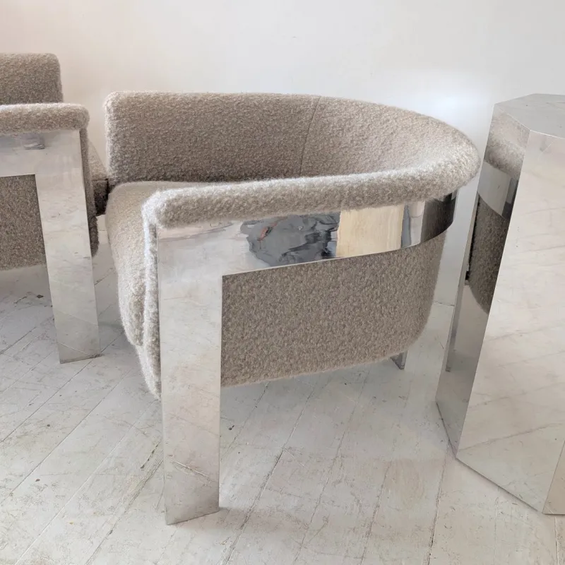 Pamono Large Mid-Century Chromed Steel and Mohair Bouclé Lounge Chairs by Milo Baughman, USA, 1970s, Set of 2> Lounge Chairs & Armchairs