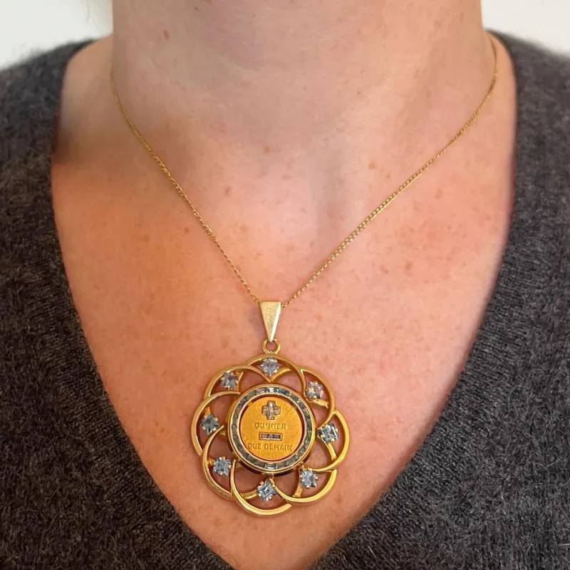 Pamono Large More Than Yesterday Diamond Blue Spinel 18k Gold Love Medal Pendant from Augis, 1960s> Necklaces