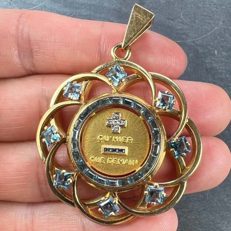 Pamono Large More Than Yesterday Diamond Blue Spinel 18k Gold Love Medal Pendant from Augis, 1960s> Necklaces