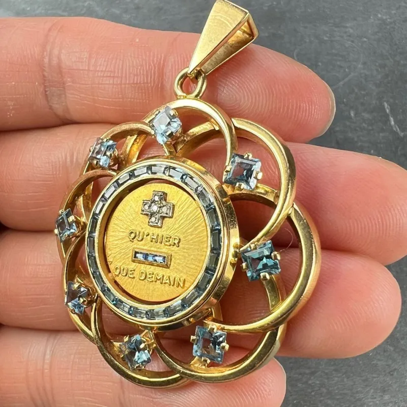 Pamono Large More Than Yesterday Diamond Blue Spinel 18k Gold Love Medal Pendant from Augis, 1960s> Necklaces