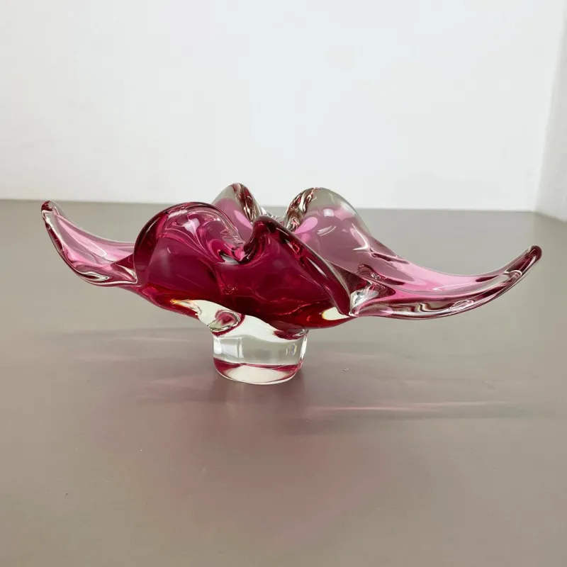Pamono Large Murano Glass Pink Floral Bowl, Italy, 1970s