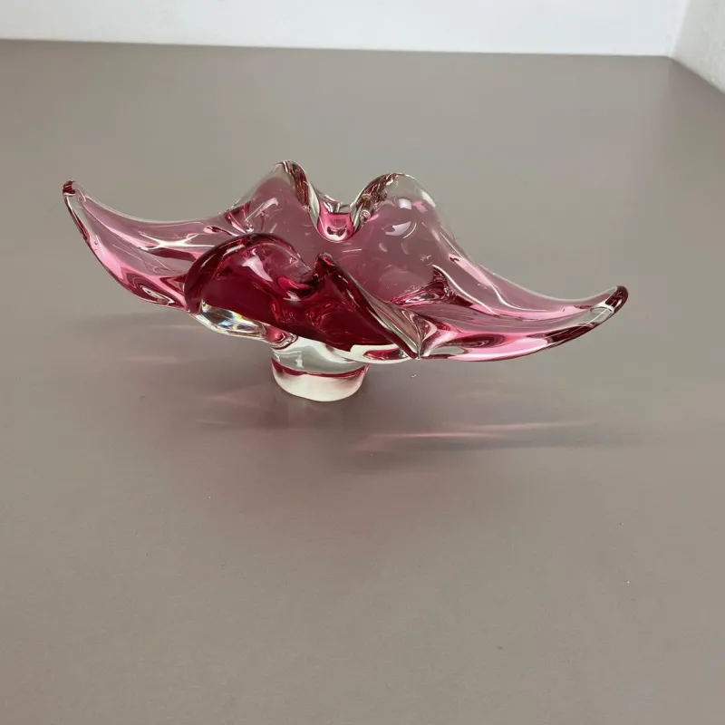 Pamono Large Murano Glass Pink Floral Bowl, Italy, 1970s